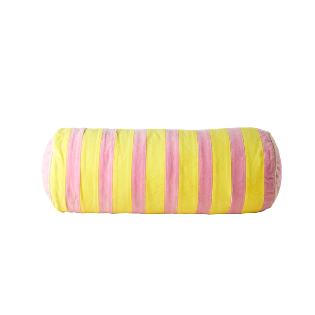 Rice - Velvet Bolster Pillow Medium -  Pink and Yellow Stripes