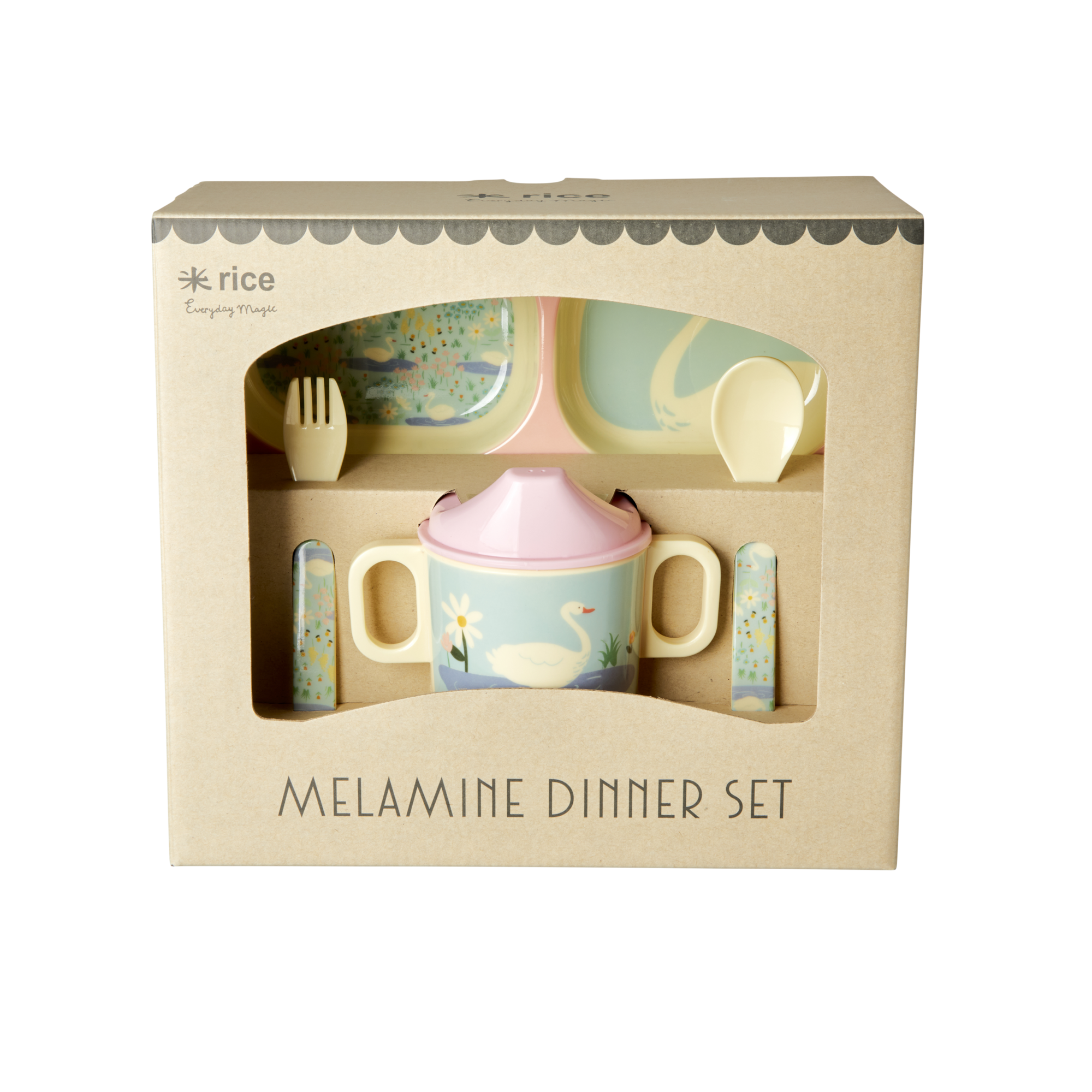 Rice - Melamine Baby Dinner Set Giftbox - Swan Print