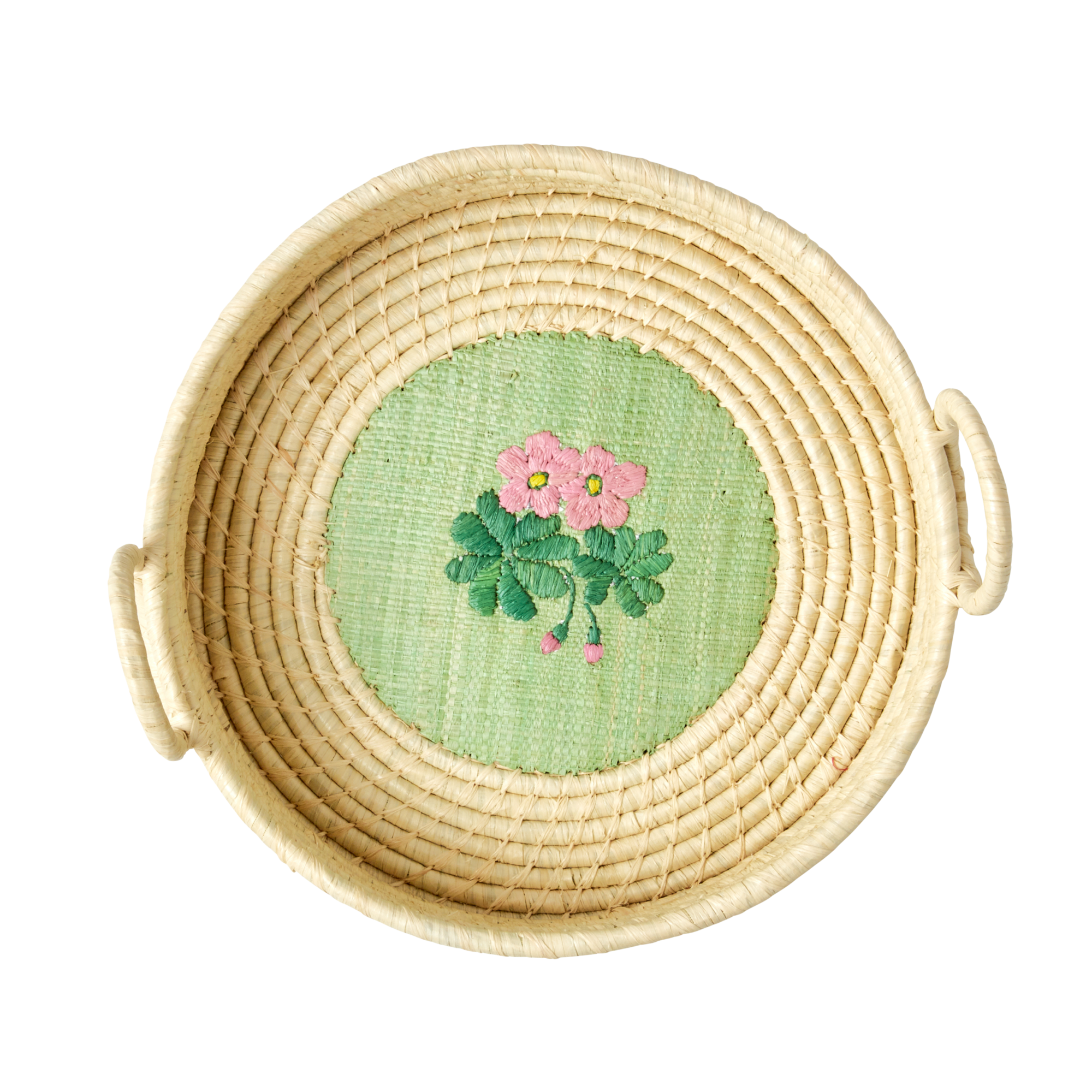 Rice - Raffia Round Bread Basket w. Flower Embroidery - Pale Green