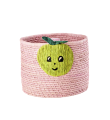 Rice - Raffia Round Basket - Pink w. Apple Embroidery