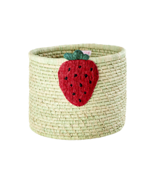Rice - Raffia Round Basket - Green w. Strawberry Embroidery