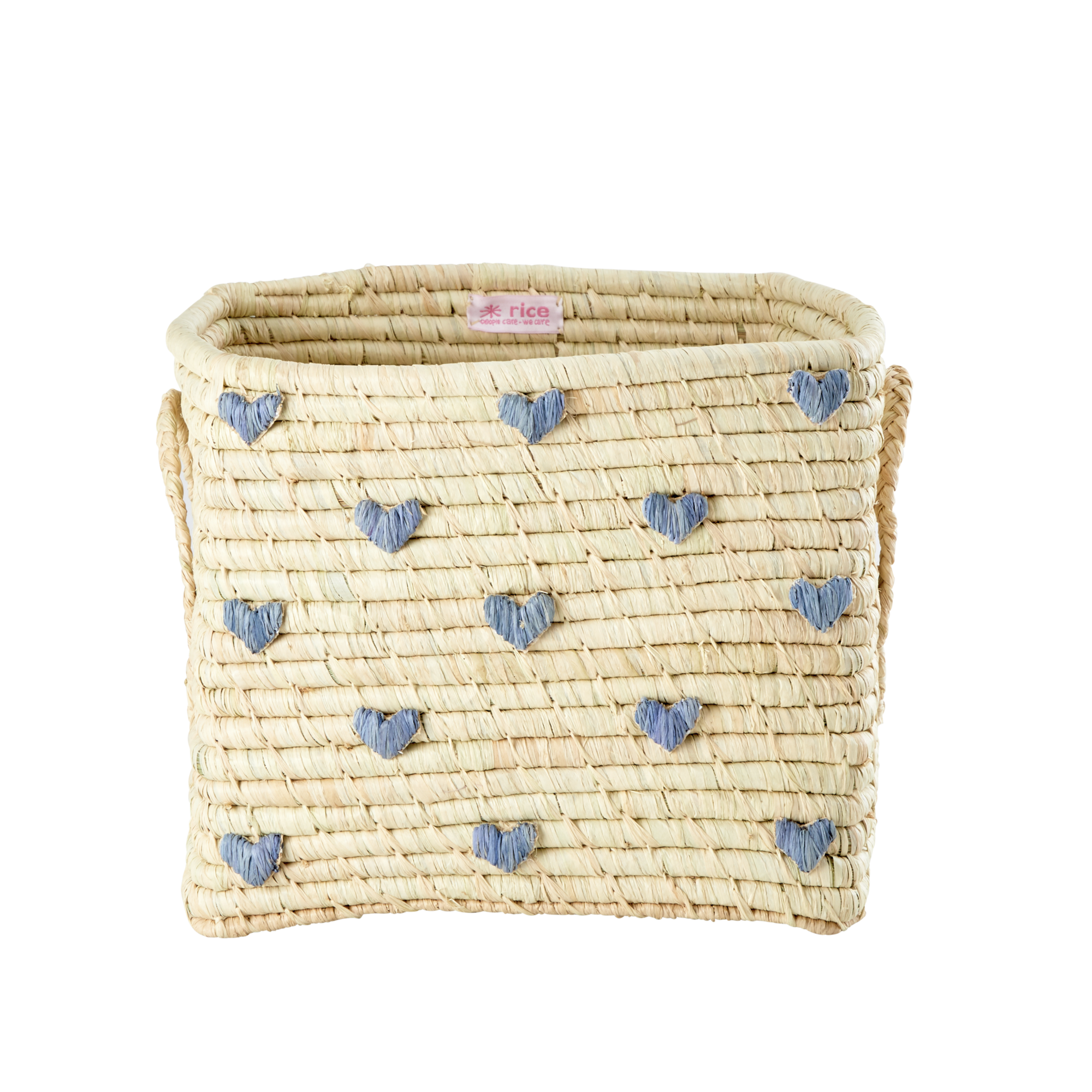Rice - Small Square Raffia Basket with Raffia Handles - Blue Hearts