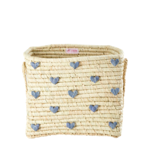 Rice - Small Square Raffia Basket with Raffia Handles - Blue Hearts
