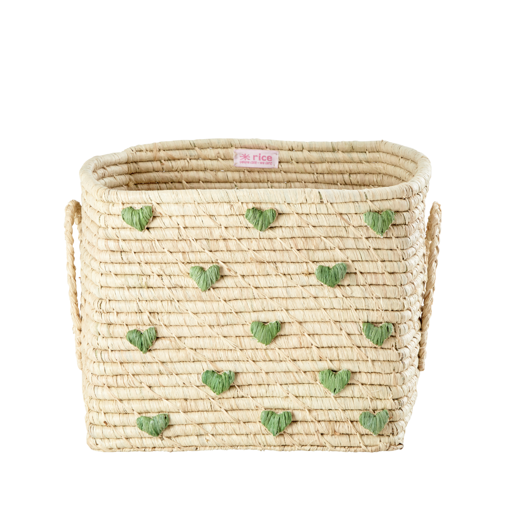 Rice - Small Square Raffia Basket with Raffia Handles - Green Hearts