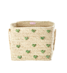 Rice - Small Square Raffia Basket with Raffia Handles - Green Hearts