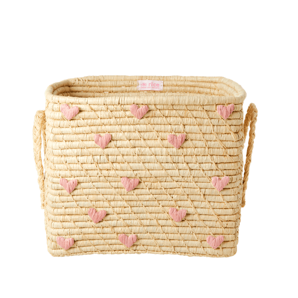 Rice - Small Square Raffia Basket with Raffia Handles - Pink Hearts