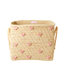 Rice - Small Square Raffia Basket with Raffia Handles - Pink Hearts