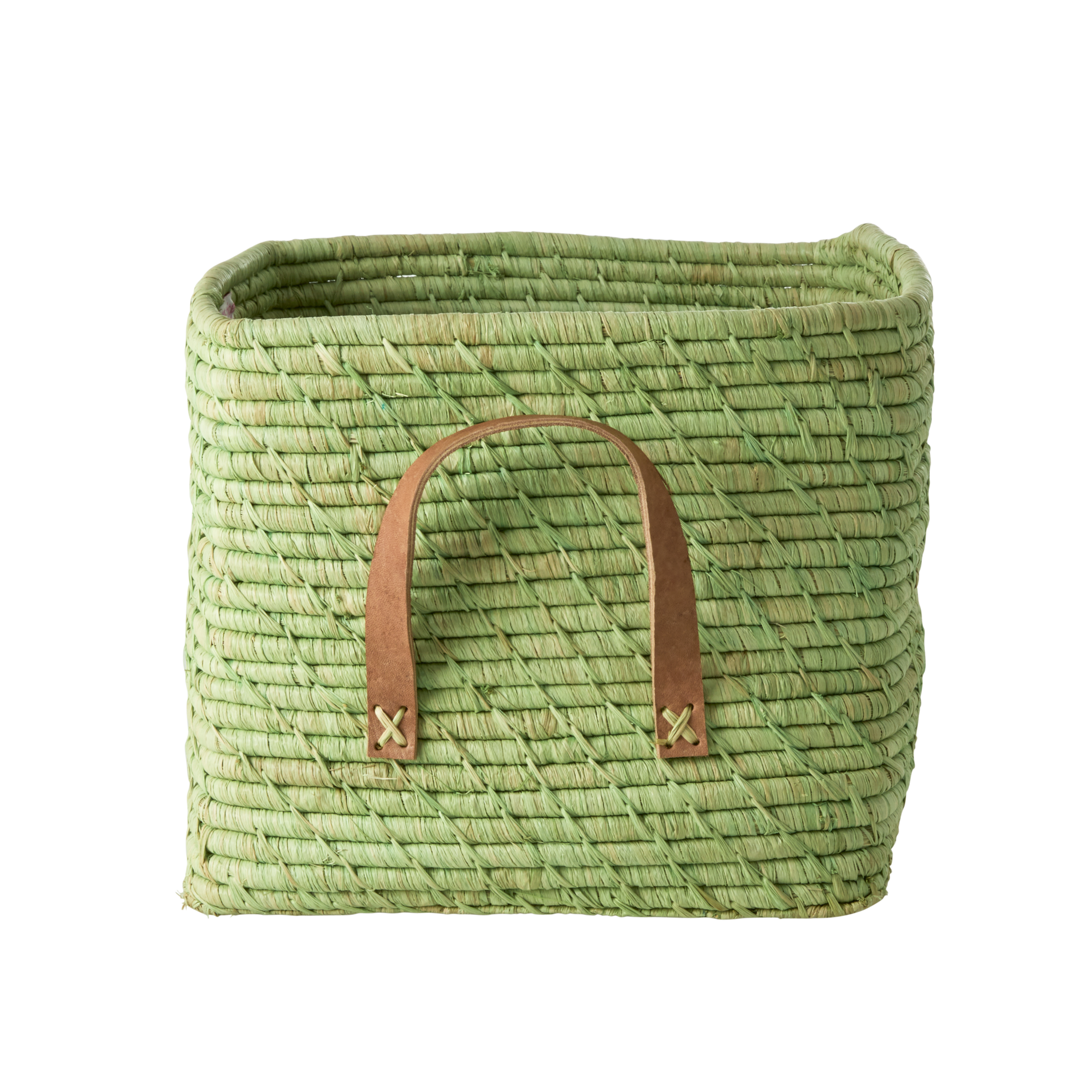 Rice - Small Square Raffia Basket with Leather Handles - Soft Green