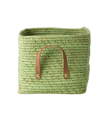 Rice - Small Square Raffia Basket with Leather Handles - Soft Green