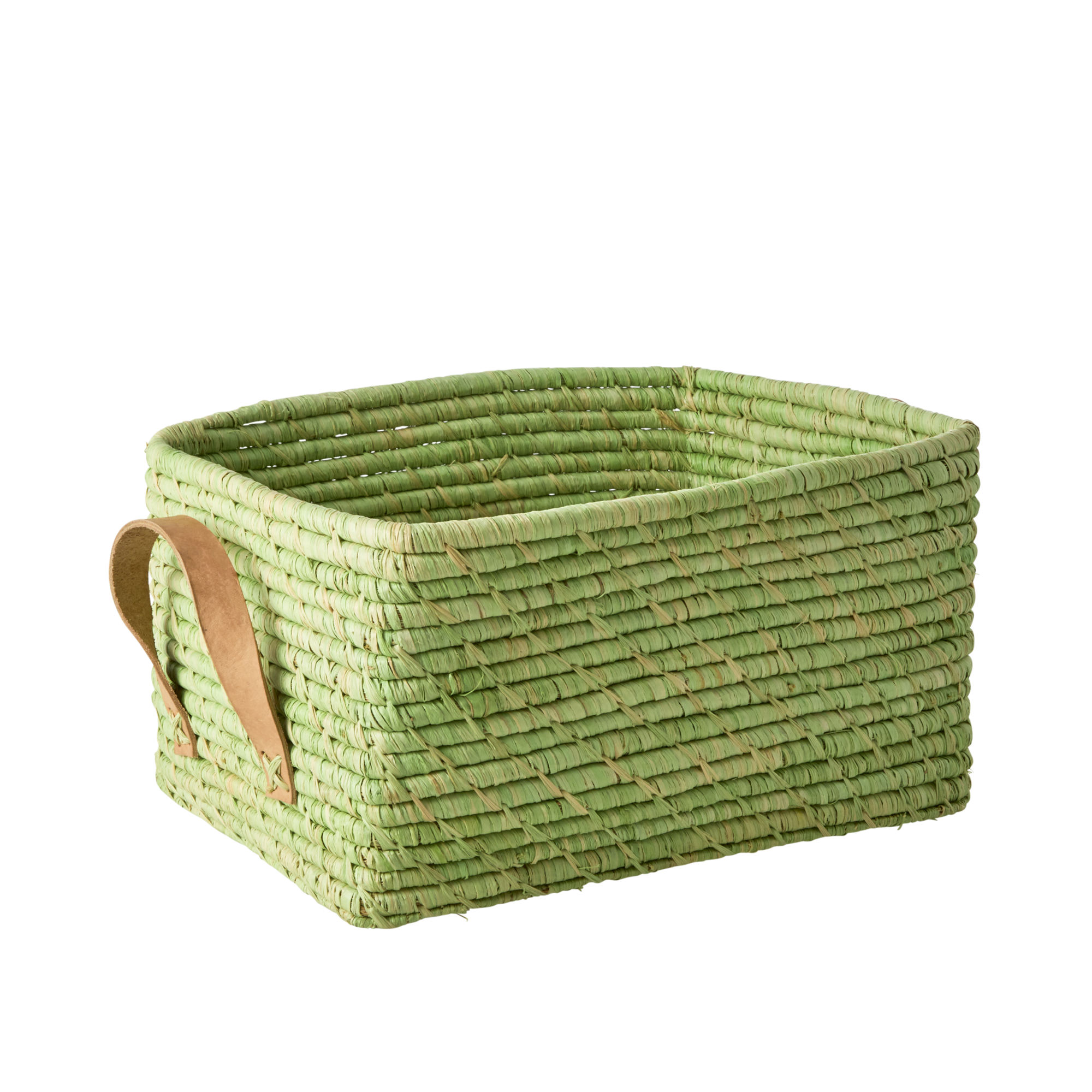 Rice - Raffia Rectangular Basket w. Leather Handle -  Soft Green