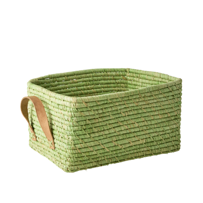 Rice - Raffia Rectangular Basket w. Leather Handle -  Soft Green