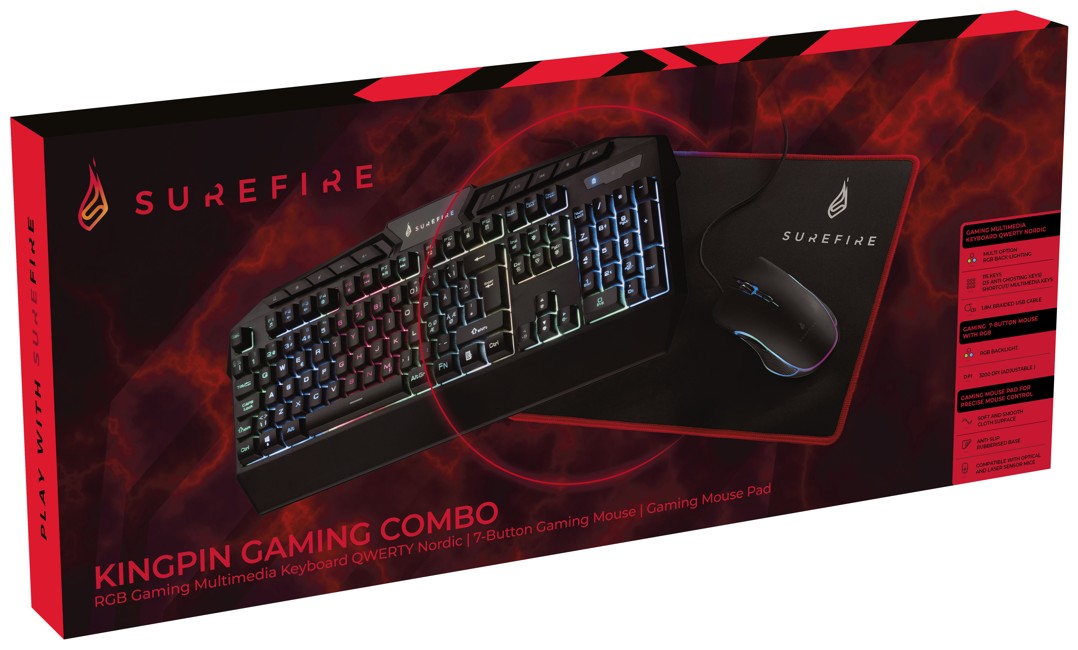 SureFire - KingPin Gaming Combo Sæt (Multimedia Keyboard, 7 Button RGB Mus & Musemåtte) Nordic Layout