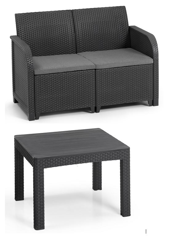 Keter - Rosalie 2 Seater Lounge Sofa With Table - Graphite/Cool Grey - Bundle