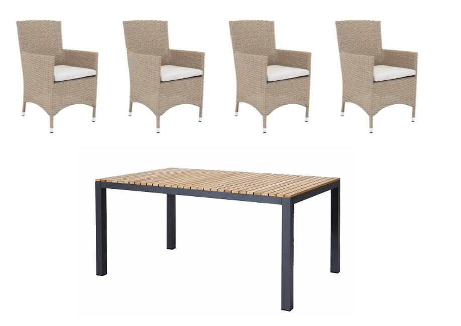 Cinas - Mood Extreme Garden Table 167,5 x 100 cm - Teak Wood/Black  with 4 pcs. Malin Garden Chair with Cushion - Nature - Bundle