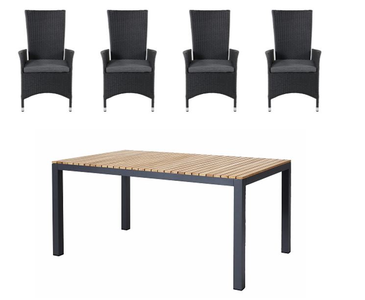 Cinas - Mood Extreme Garden Table 167,5 x 100 cm - Teak Wood/Black with 4 pcs. Padova Garden Recliner Chair with Cushion - Alu/Rattan - Black/Grey - Bundle