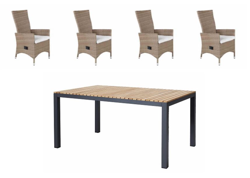 Cinas - Mood Extreme Garden Table 167,5 x 100 cm - Teak Wood/Black with 4 pcs. Padova Garden Recliner Chair with Cushion - Alu/Rattan - Nature/Nature - Bundle