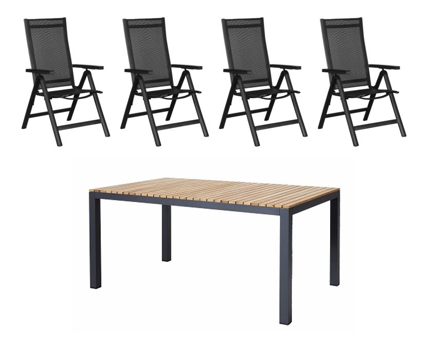 Cinas - Mood Extreme Garden Table 167,5 x 100 cm - Teak Wood/Black with 4 pcs. Alroe Position Garden Chair Textile - Black - Bundle