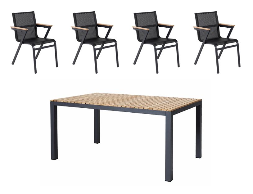 Cinas - Mood Extreme Garden Table 167,5 x 100 cm - Teak Wood/Black with 4 pcs. Mexico Garden Chair -  Alu/Textilene/Teak box - Black/Black - Bundle