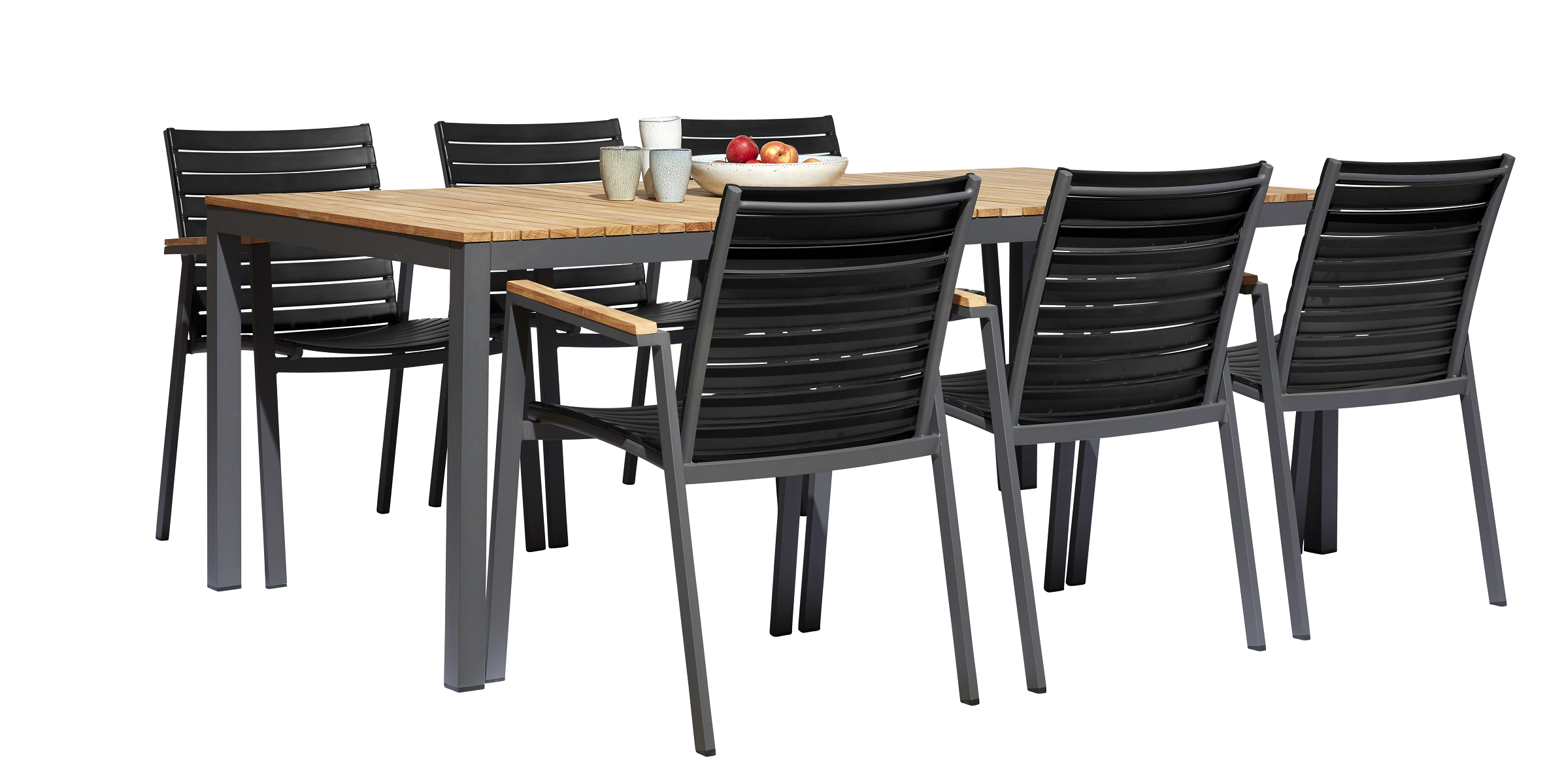 Cinas - Mood Extreme Garden Table 208,5 x 100 cm - Teak Wood/Antracit with 6 pcs. Mood Extreme Arm Chair - Black/Teak - Bundle