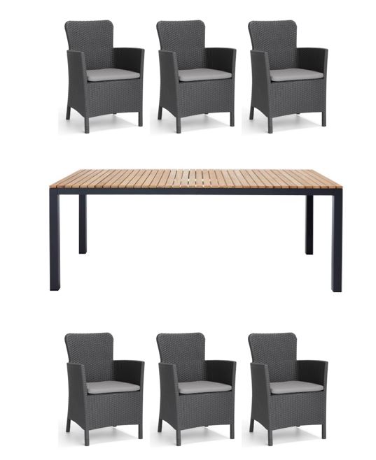 Cinas - Mood Extreme Garden Table 208,5 x 100 cm - Teak Wood/Antracit with 6 pcs. Miami Garden Chair - Bundle