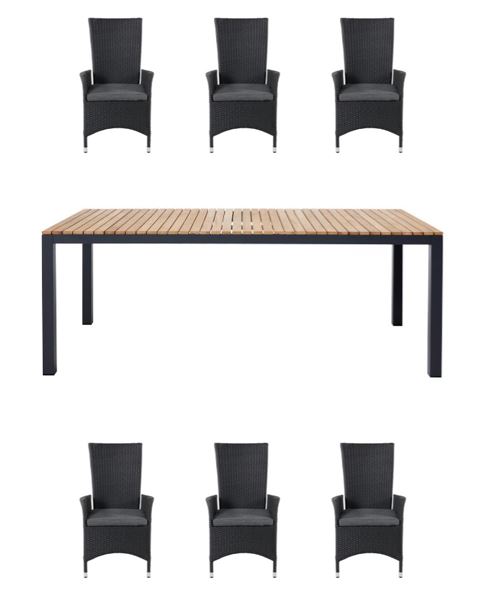 Cinas - Mood Extreme Garden Table 208,5 x 100 cm - Teak Wood/Antracit with 6 pcs. Padova Garden Recliner Chair with Cushion - Alu/Rattan - Black/Grey - Bundle