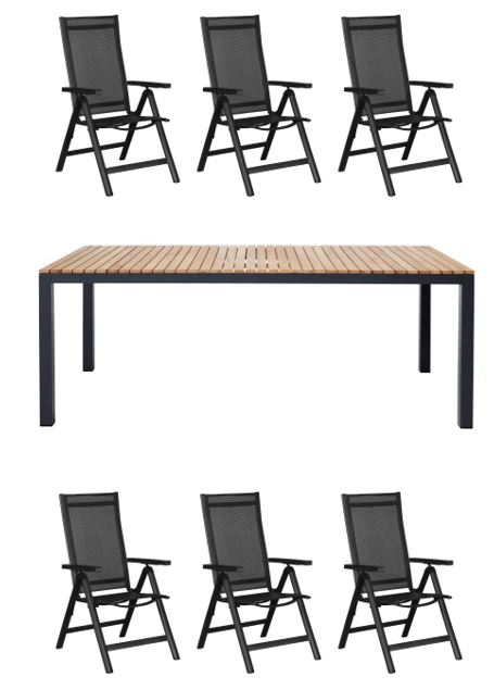 Cinas - Mood Extreme Garden Table 208,5 x 100 cm - Teak Wood/Antracit with 6 pcs. Alroe Position Garden Chair Textile - Black  - Bundle