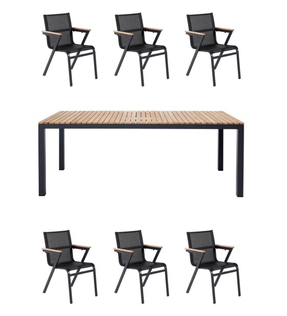 ​Cinas - Mood Extreme Garden Table 208,5 x 100 cm - Teak Wood/Antracit with 6 pcs. Mexico Garden Chair -  Alu/Textilene/Teak box - Black - Bundle