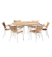 Cinas - Hard & Ellen Gartentisch Ø 150 cm - Aluminium/Teak mit 6 Stück  Hard & Ellen Gartenstühle - Weiß