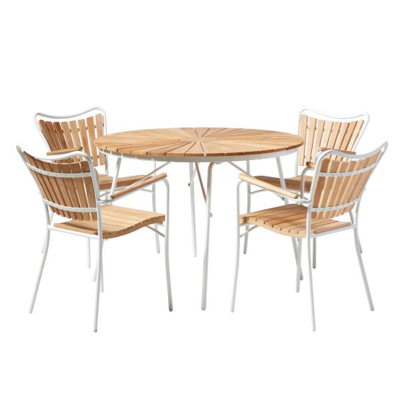 Cinas - Hard & Ellen Garden Table Ø 130 cm - Teak - Aluminium/Teak with 4 pcs. Hard & Ellen Garden Chair - White - Bundle