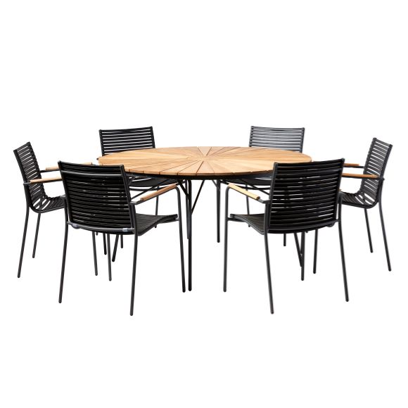 Cinas - ​Hard & Ellen Garden Table Ø 150 cm - Aluminium/Teak - Antracit with 6 pcs.  Mood Garden Chair - Antracit/Black - Bundle