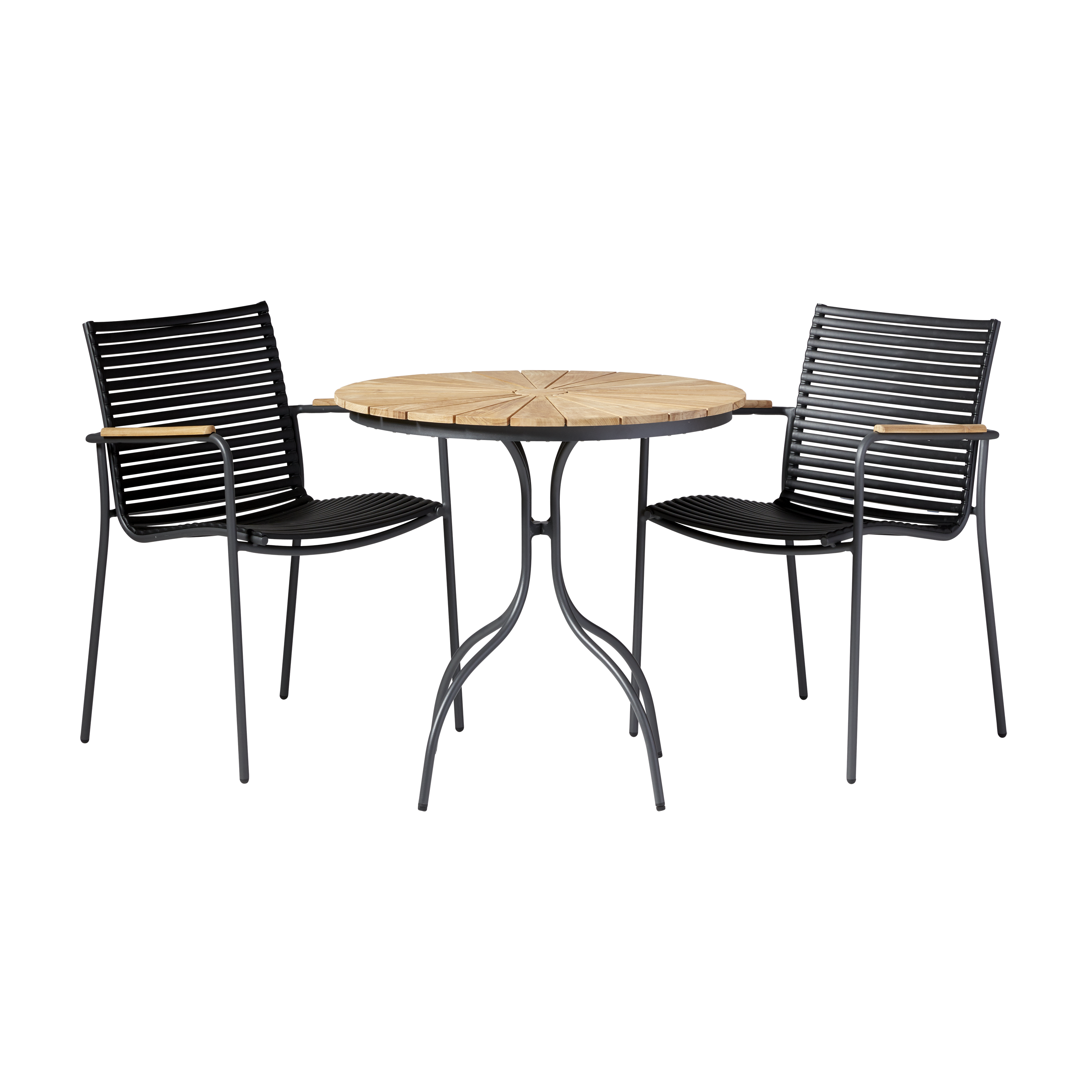 Cinas - ​Hard & Ellen Garden Table Ø 80 cm - Aluminium/Teak - Antracit with 2 pcs.  Mood Garden Chair - Antracit/Black - Bundle