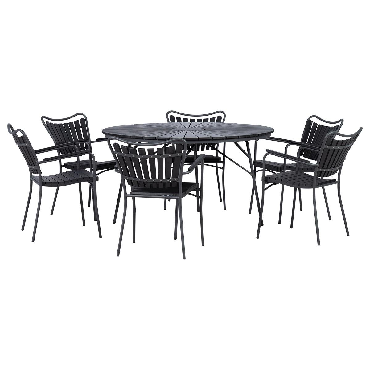 Cinas - Hard & Ellen Garden Table Ø 130 cm - Polywood  with 6 pcs. Hard & Ellen Garden Chair - Anthracite/Black - Bundle