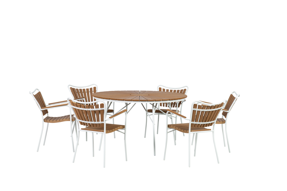 Cinas - Hard & Ellen Garden Table Ø 130 cm - Polywood  with 6 pcs. Hard & Ellen Garden Chair - White/Teak look - Bundle