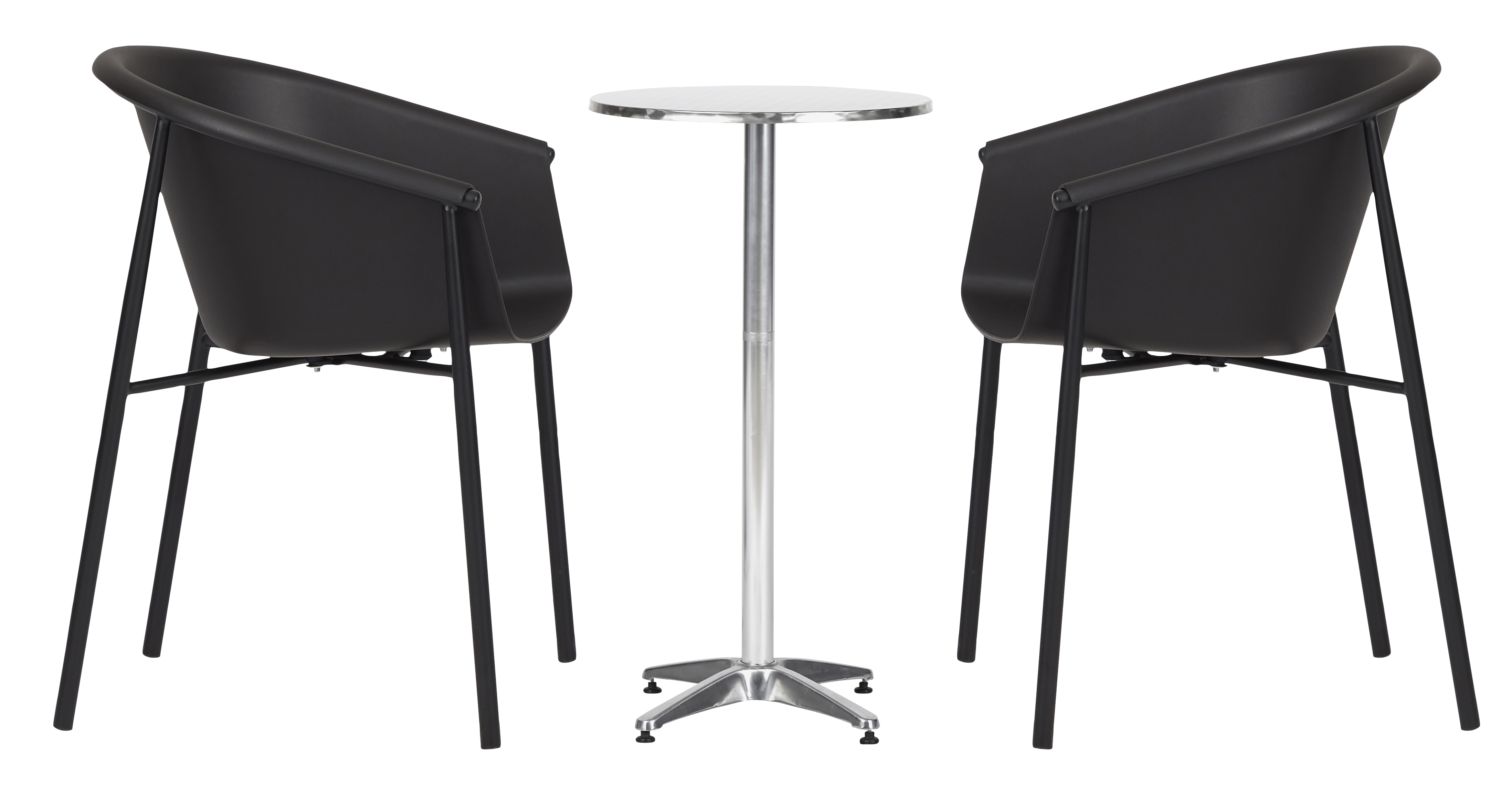 Living Outdoor - Enoe Bar Table Ø 60 cm - Aluminium look  with 2 pcs. Aeroe - Garden Chair - Metal/Plastic - Black - Bundle