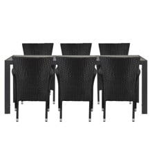 Living Outdoor - Femoe Garden Table 195 x 90 cm - Aluminium/Ceramic - Black/Grey with 6 pcs.. Anholt Garden Chairs​ - Black - Metal/Rattan - Bundle