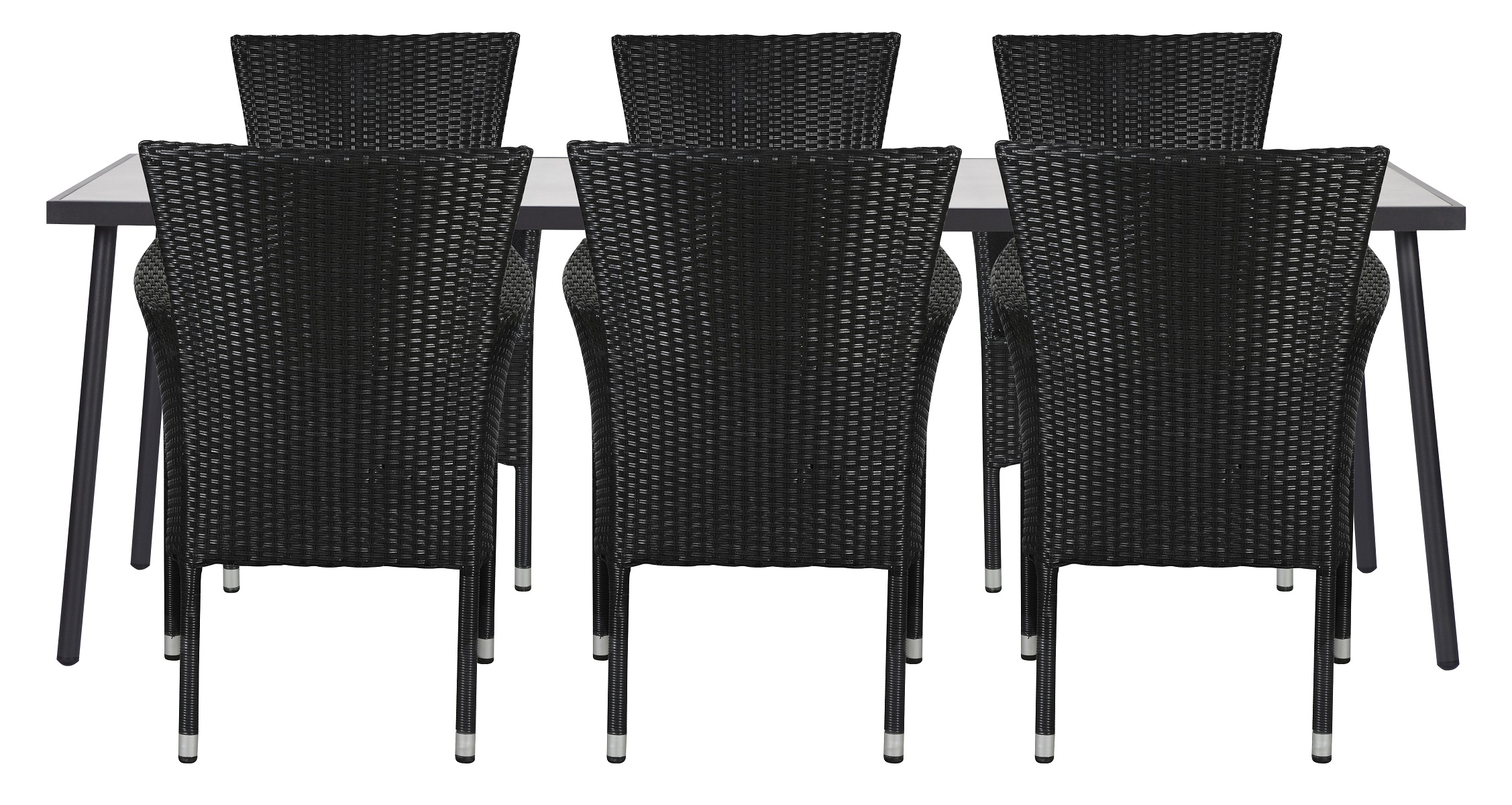 Living Outdoor - Avernakoe Garden Table 220 x 90 cm -  Metal/Alu/Glass - Black/Light Grey with 6 pcs. Anholt Garden Chairs​ - Black - Metal/Rattan - Bundle
