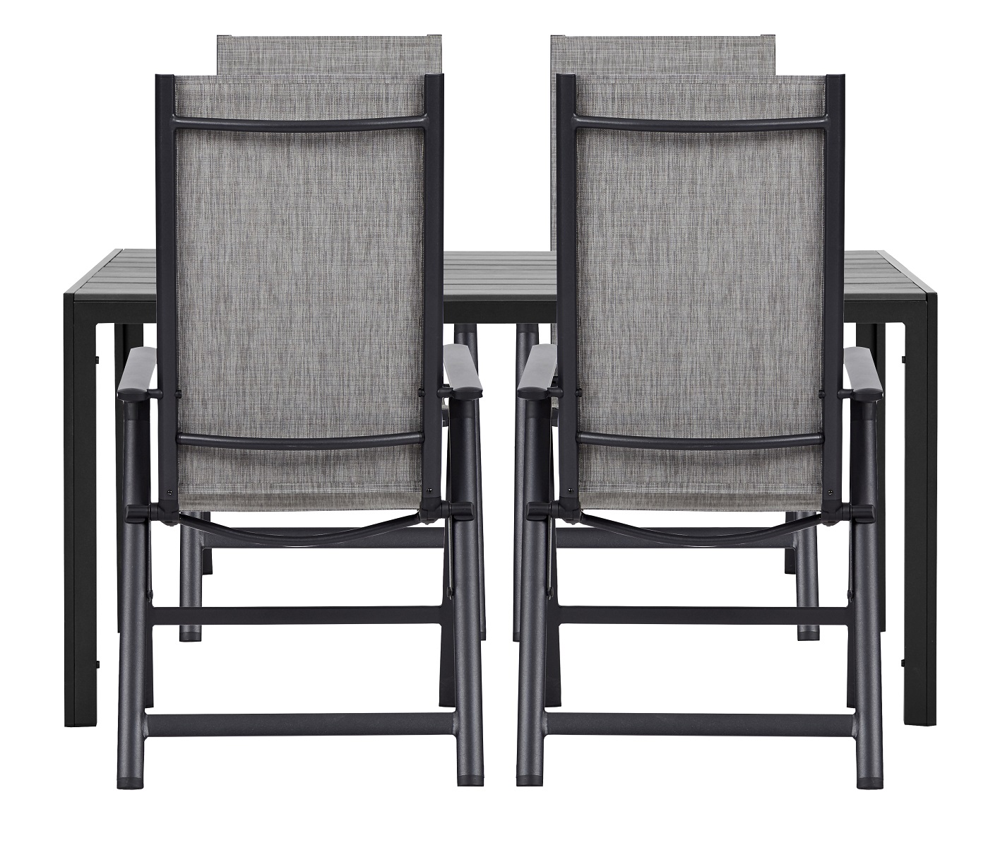 Living Outdoor - Venoe Garden Table 150 x 90 cm -  Aluminium/Polywood with 4 pcs. Omoe Position Garden Chairs  Textile - Black /Grey - Bundle