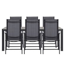 Living Outdoor - Venoe Garden Table 205 x 90 cm - Aluminium/Polywood with 6 pcs. Aaroe Position Garden Chairs - Textil - Black/Grey - Bundle