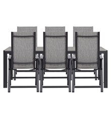 Living Outdoor - Venoe Garden Table 205 x 90 cm - Aluminium/Polywood  with 6 pcs. Omoe Position Garden Chairs  Textile - Black /Grey - Bundle
