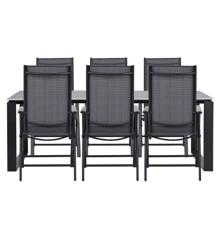Living Outdoor - Tunoe Garden Table 210 x 100 cm - Aluminium/Polywood with 6 pcs. Aaroe Position Garden Chairs - Textil - Black/Grey - Bundle