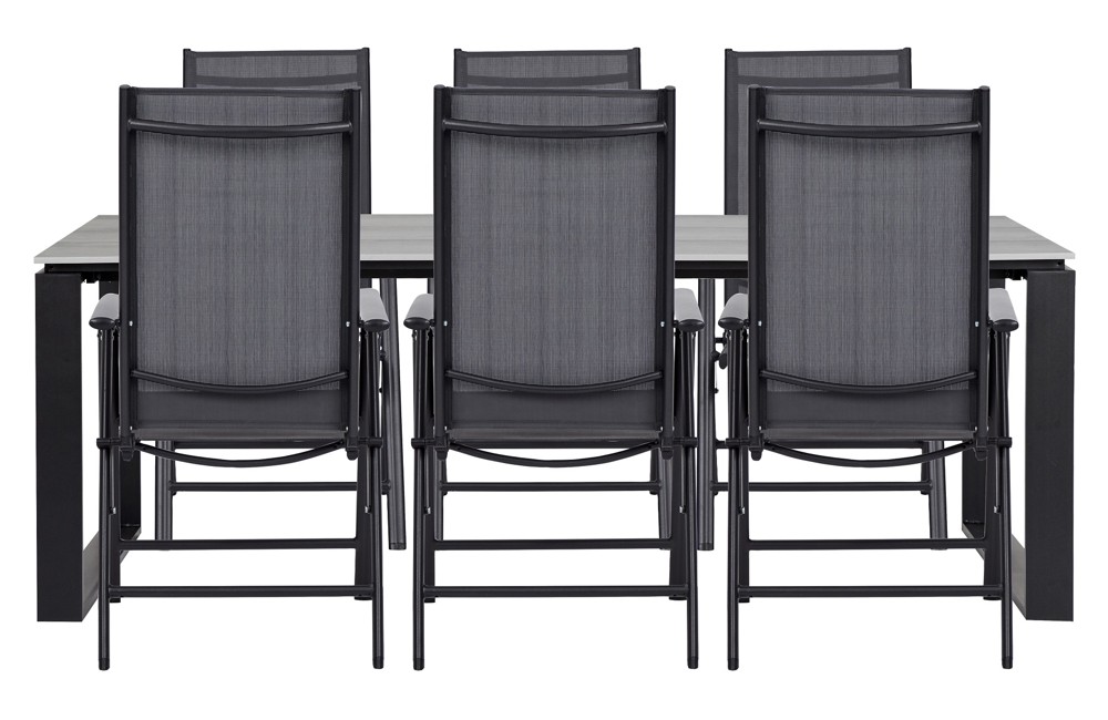Living Outdoor - Tunoe Garden Table 210 x 100 cm - Aluminium/Polywood with 6 pcs. Aaroe Position Garden Chairs - Textil - Black/Grey - Bundle