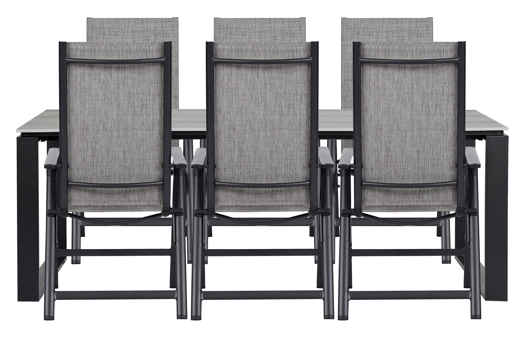 Living Outdoor - Tunoe Garden Table 210 x 100 cm - Aluminium/Polywood with 6 pcs. Omoe Position Garden Chairs- Textile - Black /Grey - Bundle