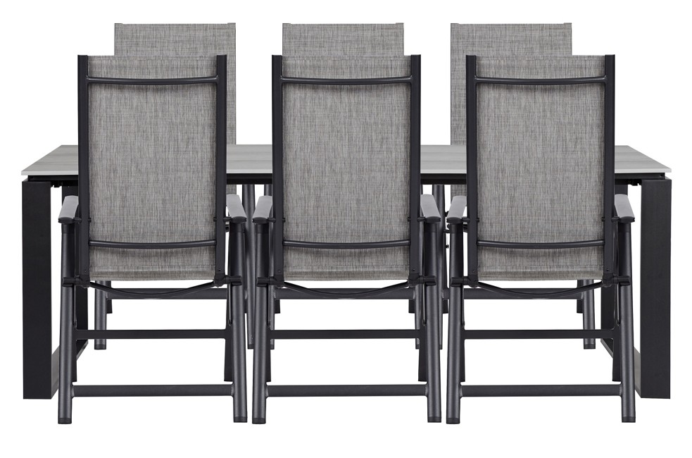 Living Outdoor - Tunø Havebord 210 x 100 cm - Aluminium/Polywood med 6 stk. Omø Position Havestole -Tekstil - Sort/lysgrå