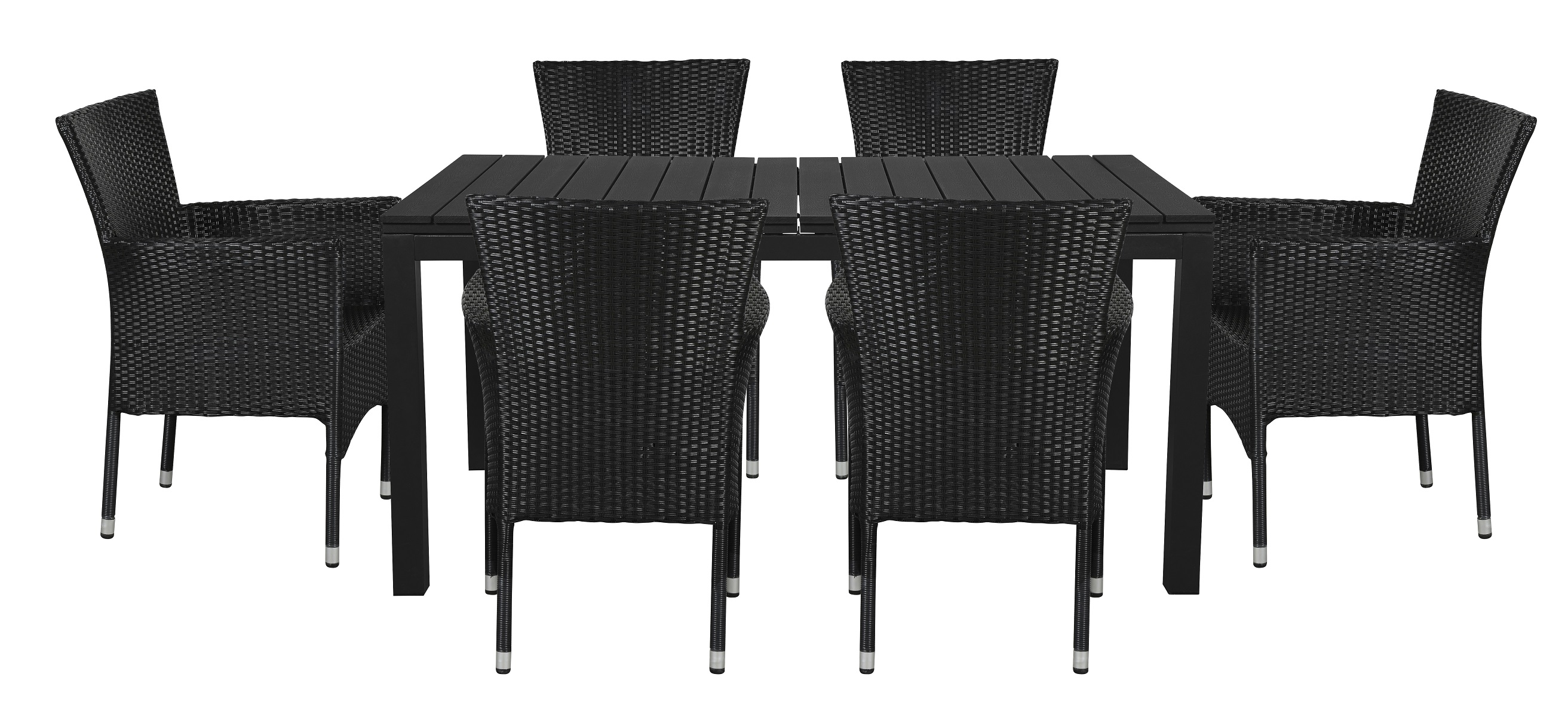 Living Outdoor - Hjarnoe Garden Table 160/210/260 x 95 cm -  Aluminium/Polywood with 6 pcs. Anholt Garden Chair​s - Metal/Rattan - Black/Black Pine - Bundle
