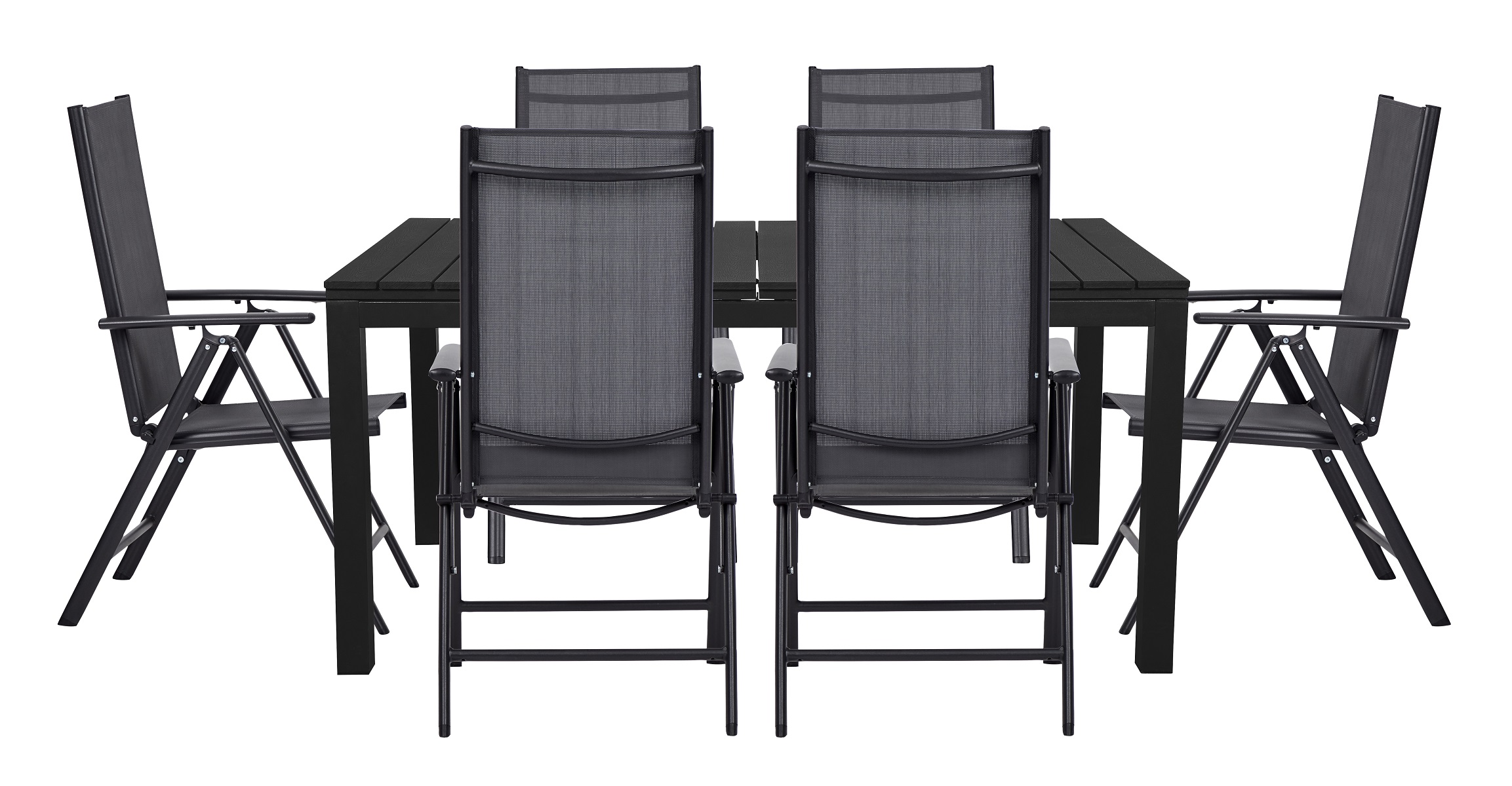 Living Outdoor - Hjarnoe Garden Table 160/210/260 x 95 cm -  Aluminium/Polywood with 6 pcs. Aaroe Position Garden Chairs - Textil - Black/Grey - Bundle