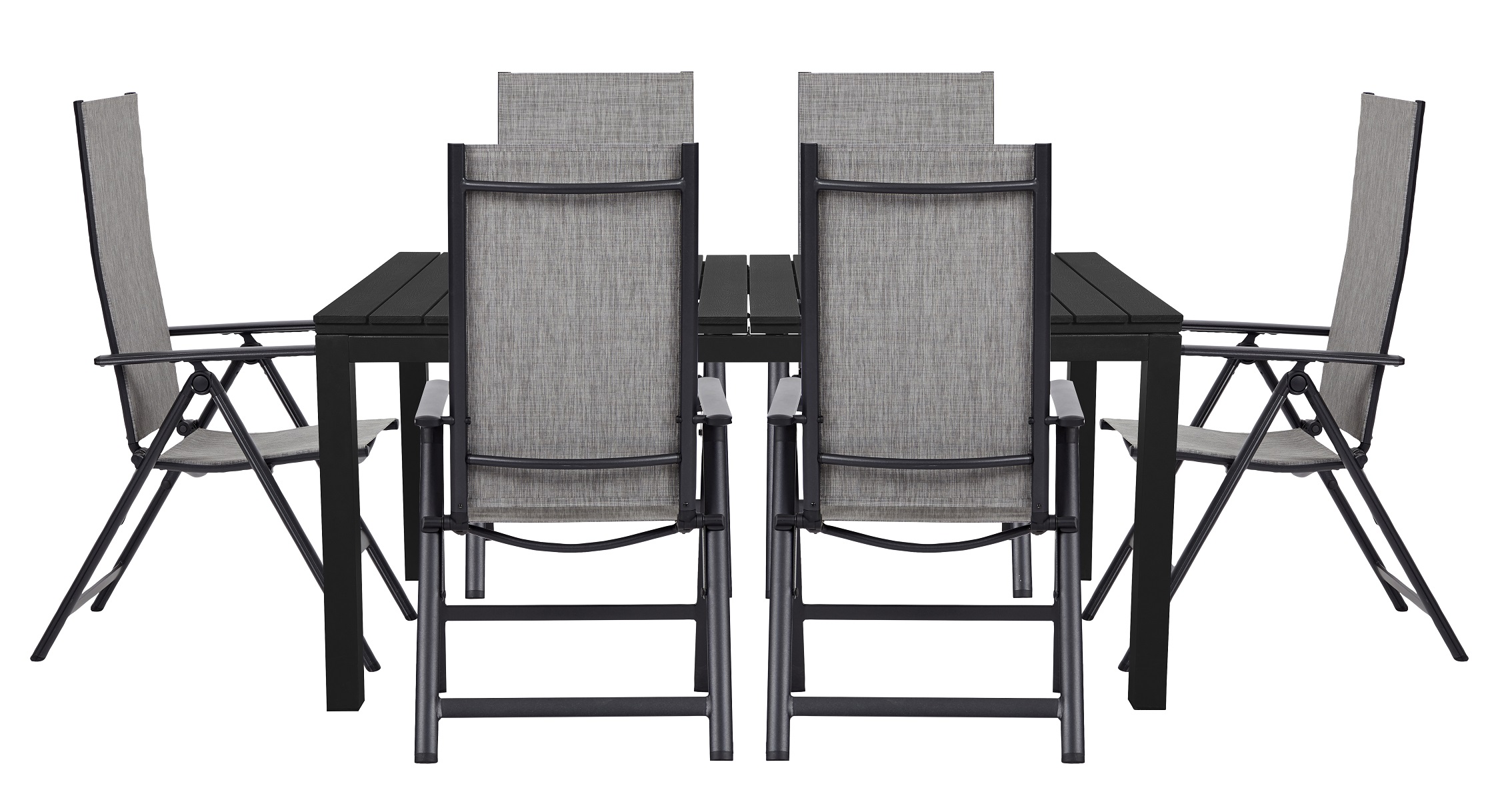 Living Outdoor - Hjarnoe Garden Table 160/210/260 x 95 cm -  Aluminium/Polywood with 6 pcs. Omoe Position Garden Chairs - Textile - Black /Grey - Bundle