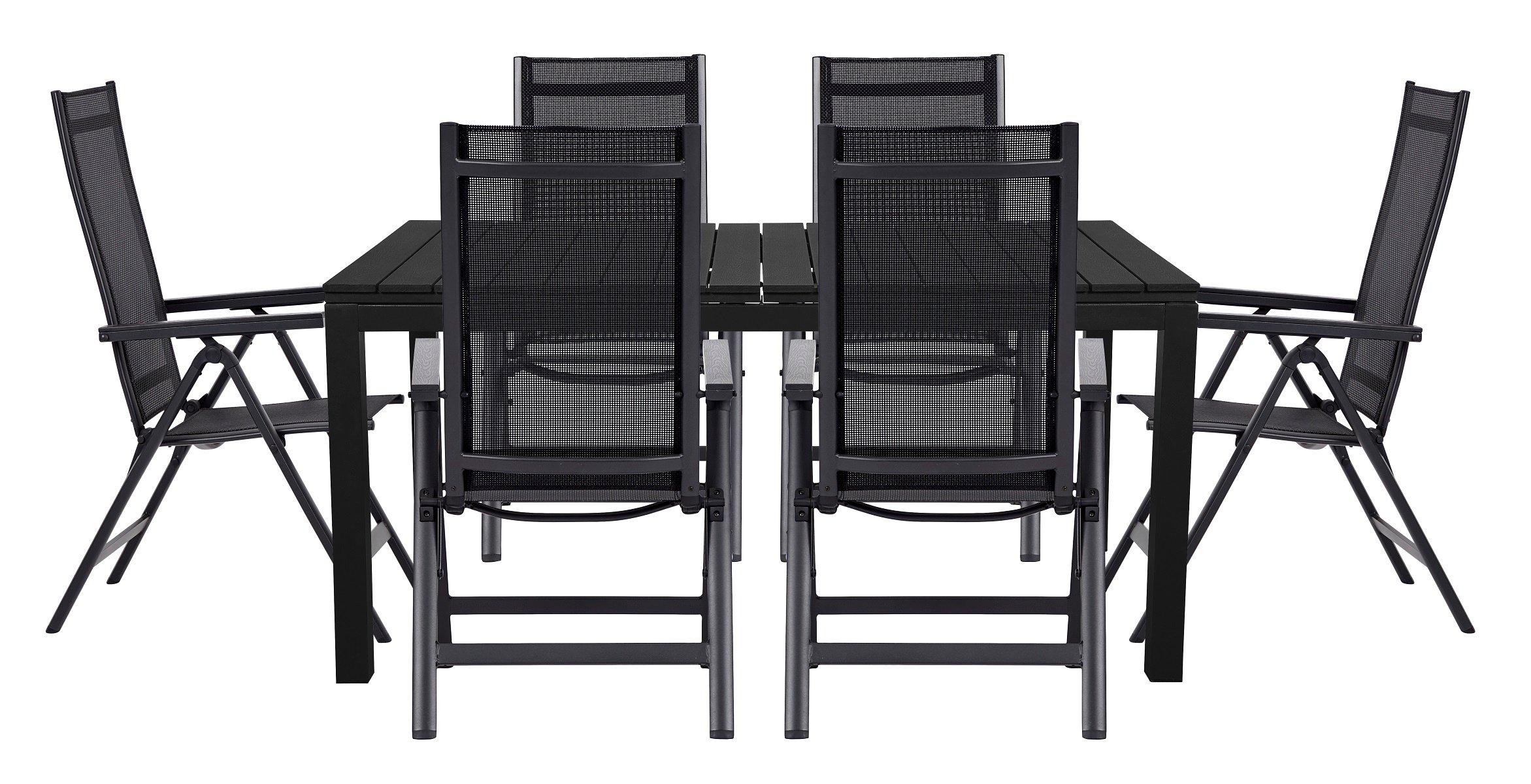 Living Outdoor - Hjarnoe Garden Table 160/210/260 x 95 cm -  Aluminium/Polywood with 6 pcs. Alroe Position Garden Chairs - Textile - Black - Bundle