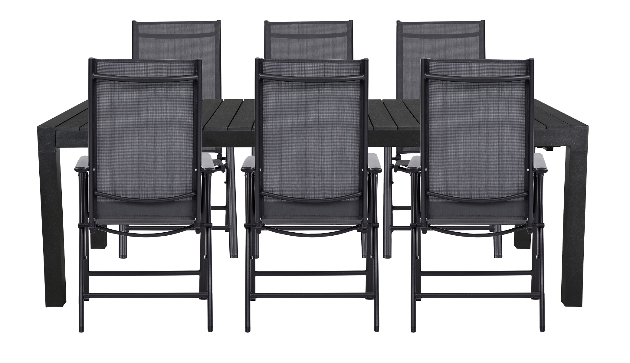Living Outdoor - Lyoe Garden Table 205/275 x 100 cm. - Aluminium/Polywood  with 6 pcs. Aaroe Position Garden Chairs - Textil - Black/Grey - Bundle