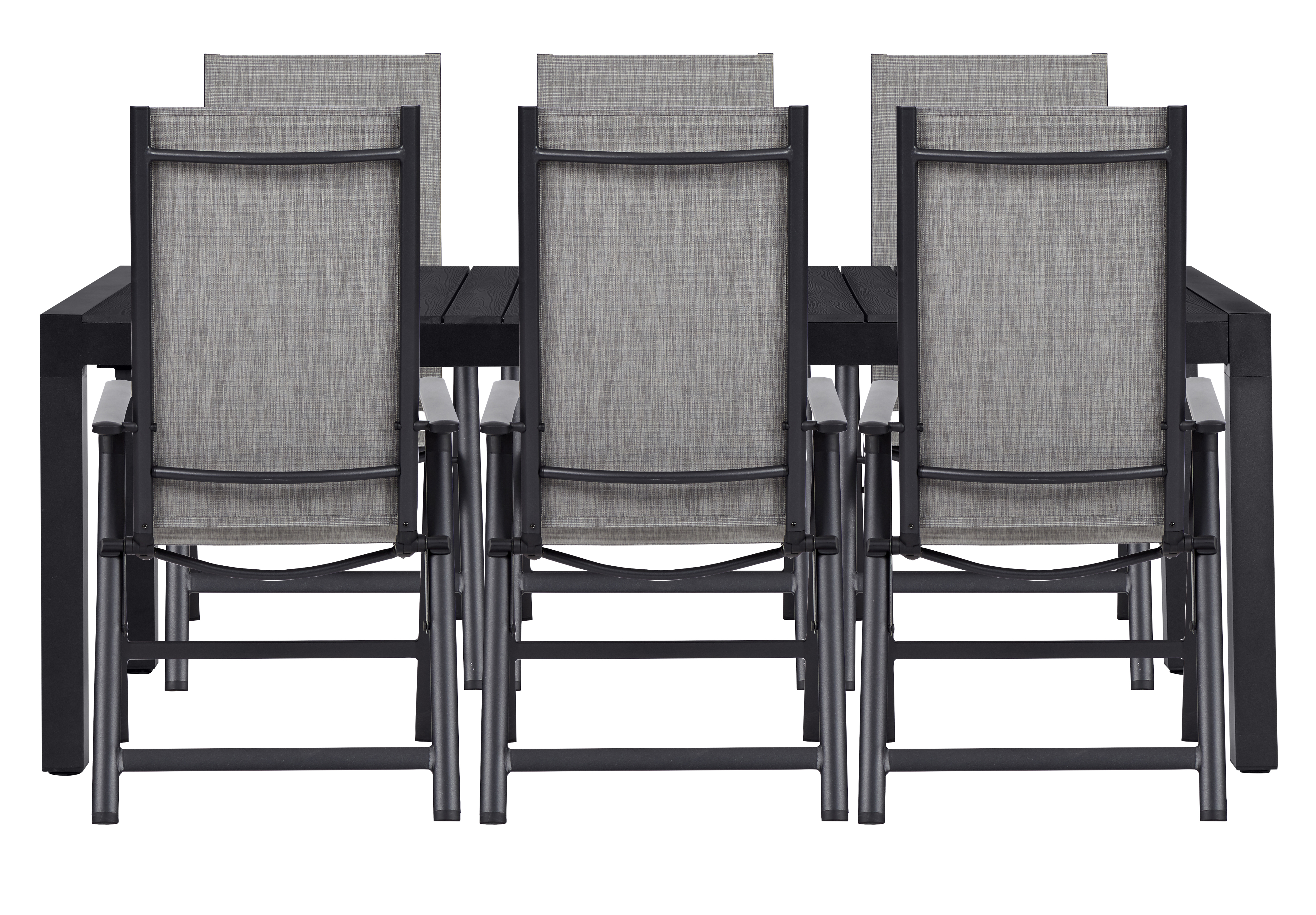 Living Outdoor - Lyoe Garden Table 205/275 x 100 cm. - Aluminium/Polywood with 6 pcs. Omoe Position Garden Chairs - Textile - Black /Grey - Bundle