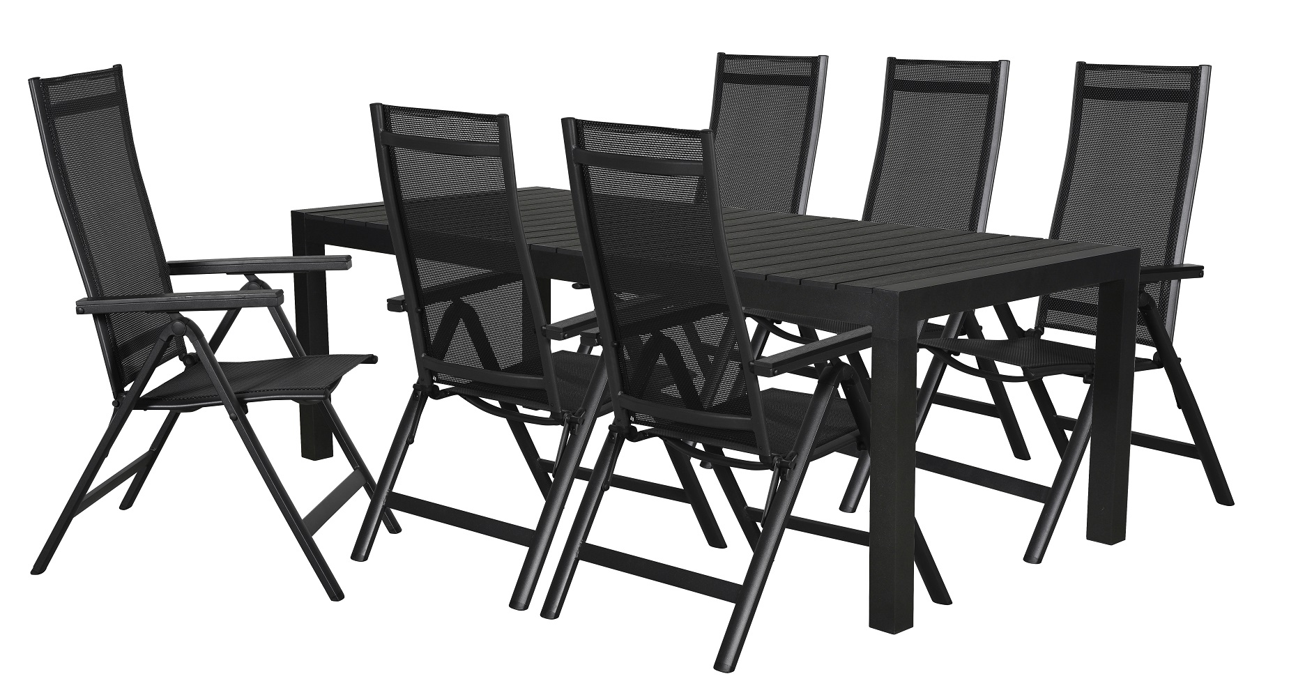 Living Outdoor - Lyø Havebord 205/275 x 100 cm - Aluminium/Polywood med 6 stk. Alrø Position Havestole -Tekstil - Sort